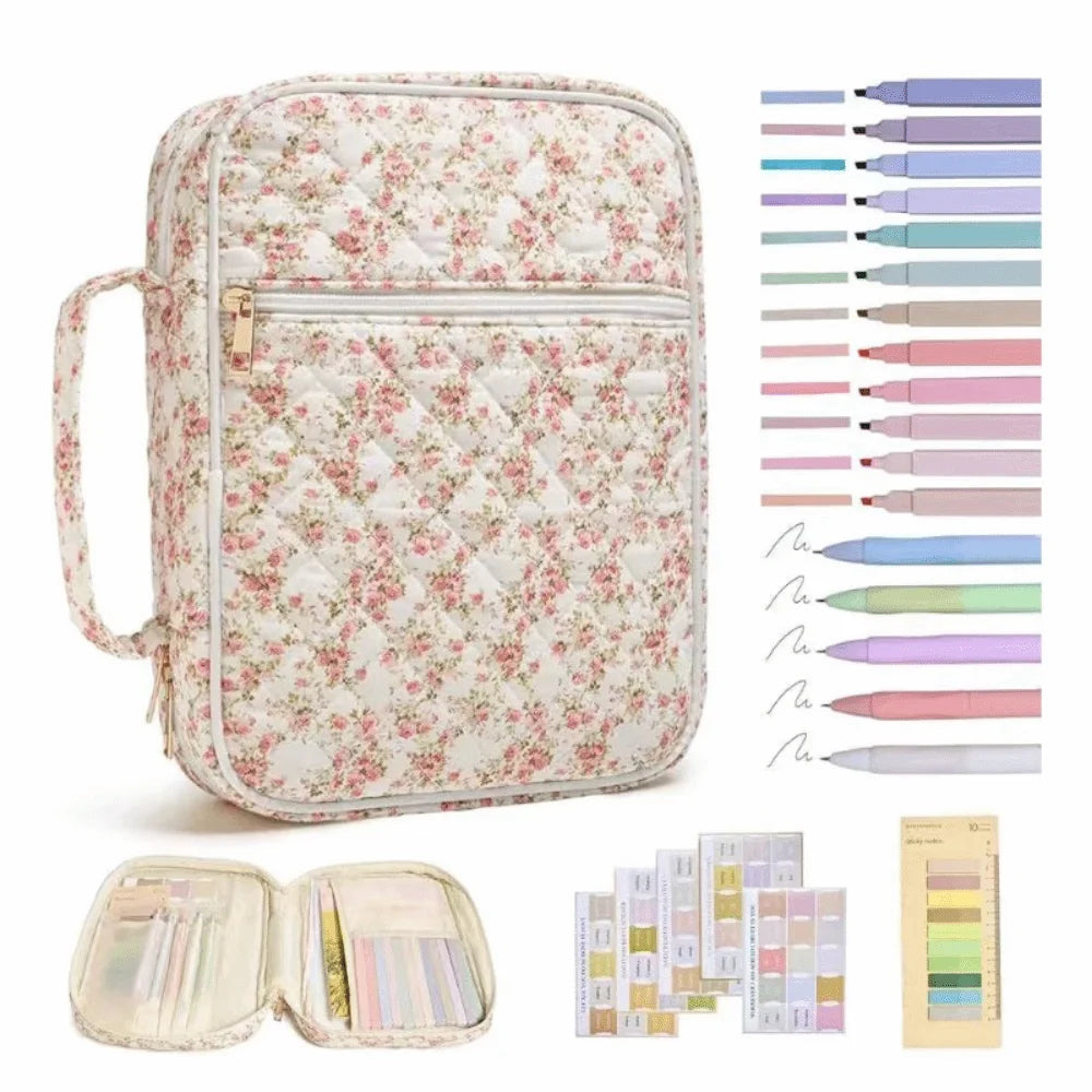 A floral quilted bible cover bag with a zipper and handle, shown next to various colored pens and a palette.
