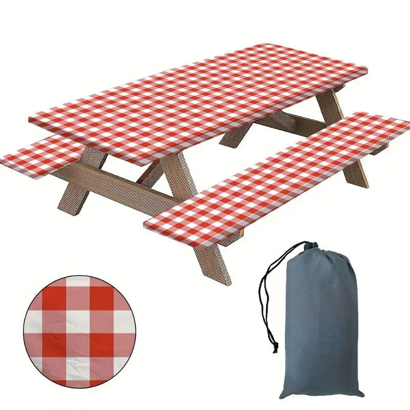 A set of red and white plaid picnic blankets or tablecloths for outdoor use