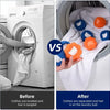 Before and after comparison showing clothes being knotted and hair tangled versus separated clothes with hair on a laundry ba