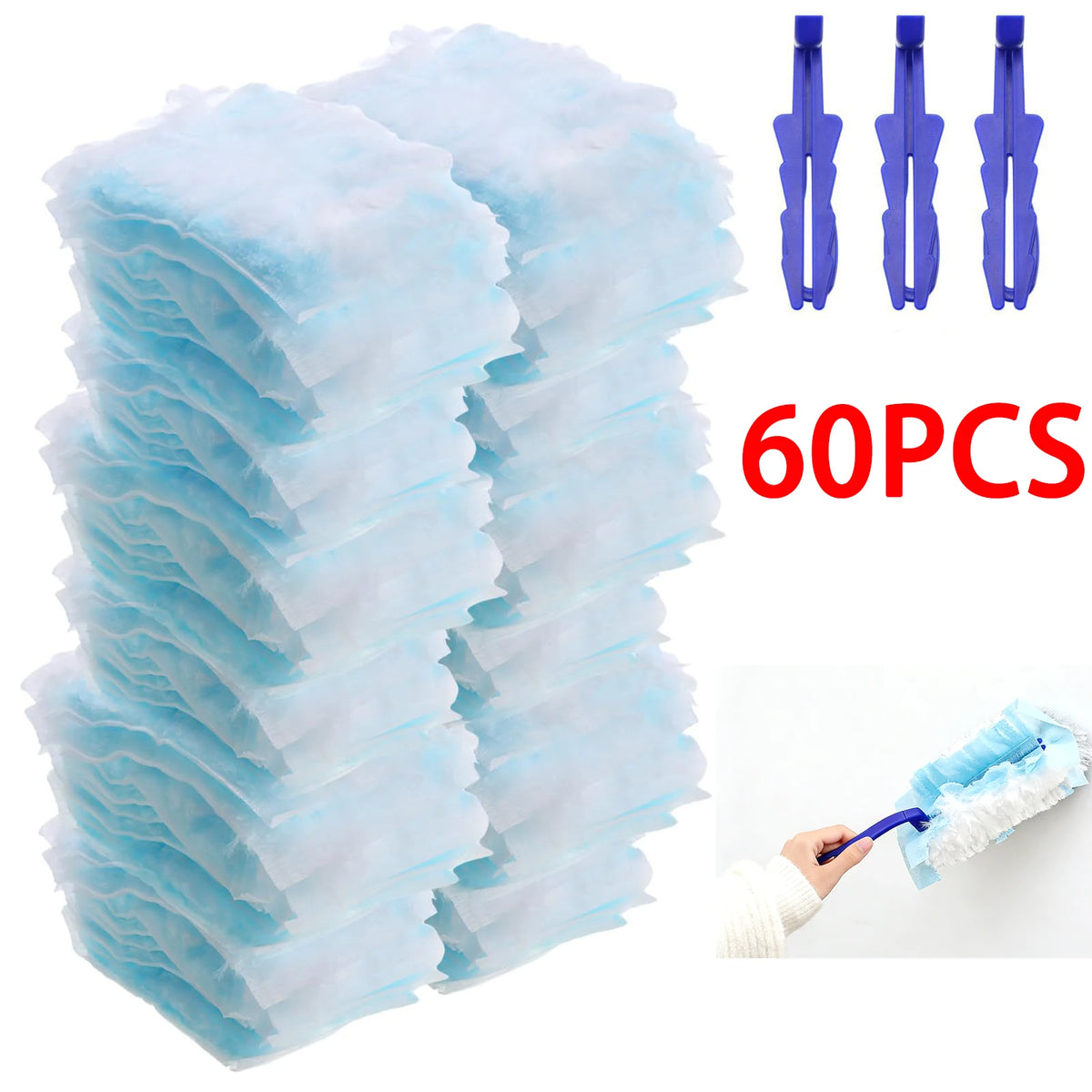 A stack of 60 disposable electrostatic duster refills in light blue and purple packaging with applicator tools.