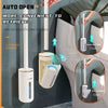 A wall-mounted automatic toilet brush cleaning kit with a handle for convenient retrieval and placement.