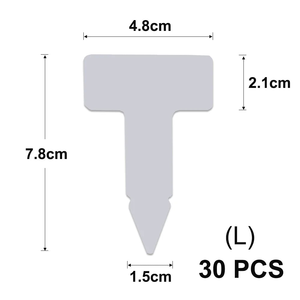 A gray T-shaped plant marker with dimensions 4.8cm wide, 7.8cm long, and a 2.1cm tip.