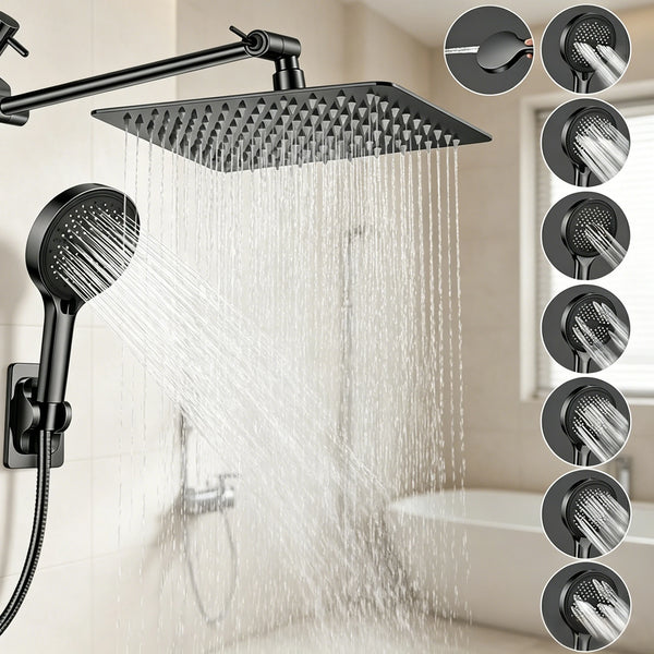 A close-up view of a complete adjustable bathroom shower system with multiple spray heads and a rain shower head installed ab