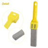 A yellow natural pumice toilet cleaning brush with a handle and a gray scouring pad.