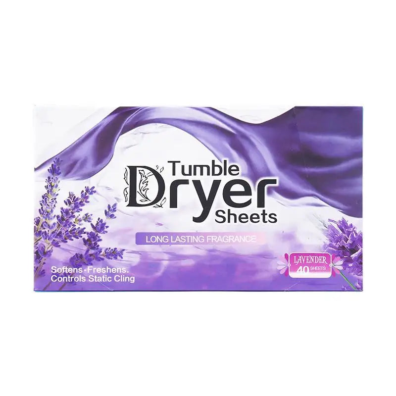 Purple tumble dryer sheets with lavender scent and 40 sheets for long lasting fragrance
