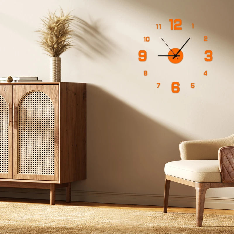 A wall clock with an antique style design featuring orange numerals and hands on a light beige wall.
