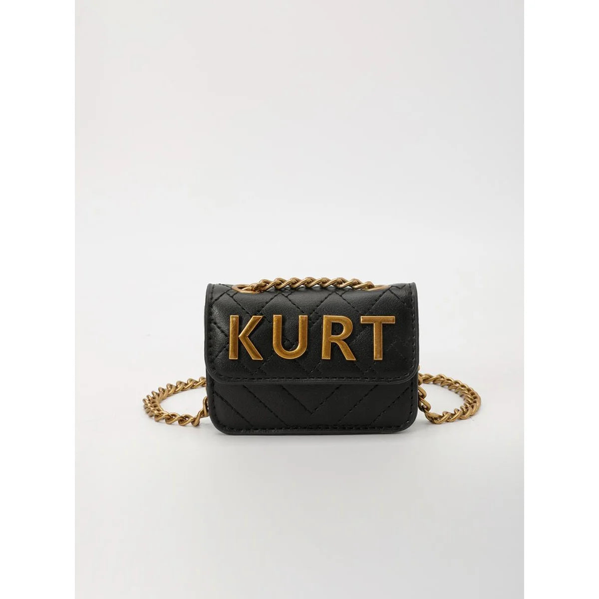 Black quilted magnetic crossbody bag with gold chain and letter flap
