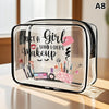 Clear cosmetic storage pouch with a black frame featuring text that reads Just a girl who loves makeup
