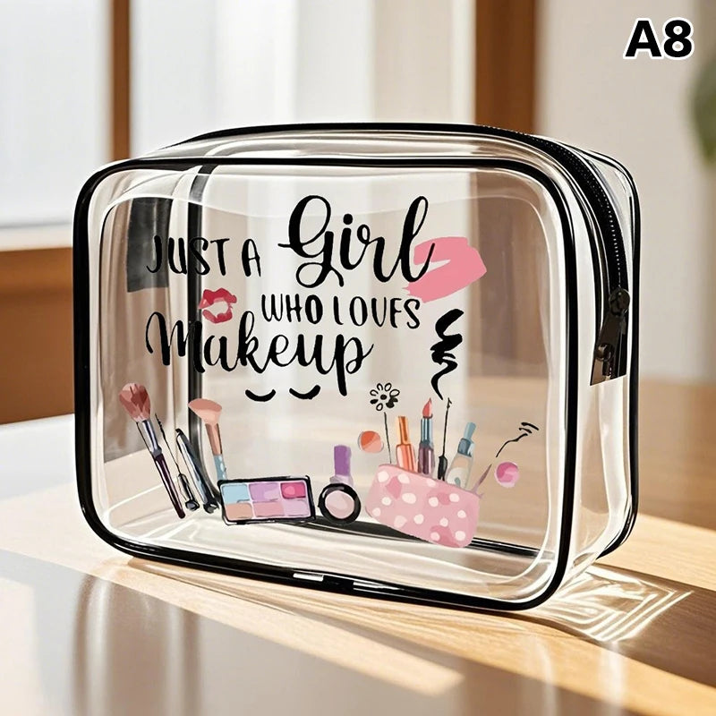 Clear cosmetic storage pouch with a black frame featuring text that reads Just a girl who loves makeup