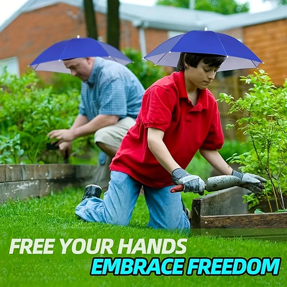 A boy wearing a red shirt is using gloves to tend plants under an umbrella hat in a garden setting.