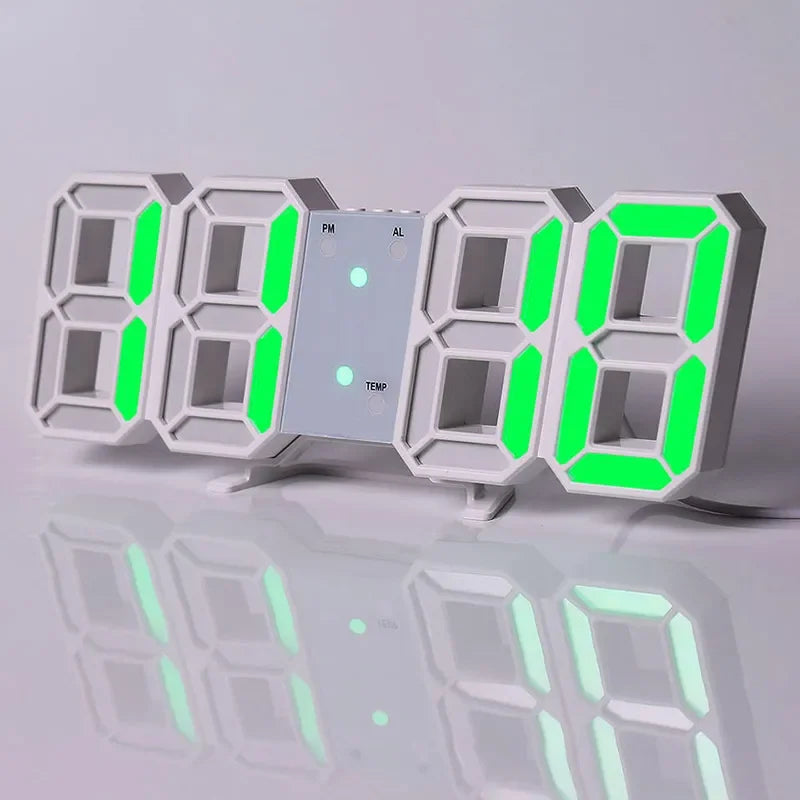 A row of digital LED alarm clocks displaying time and temperature in bright green light.