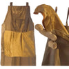 A beige chef apron with a yellow quilted pocket and a large, golden-colored chef hat.