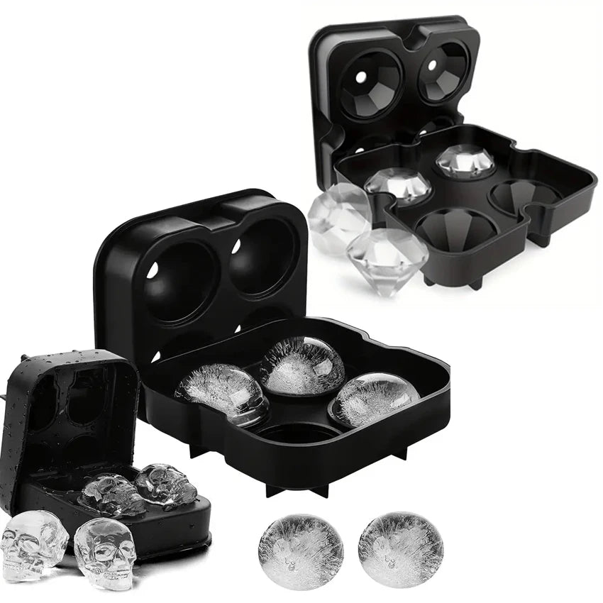Black silicone ice cube molds with lids and several clear ice cubes