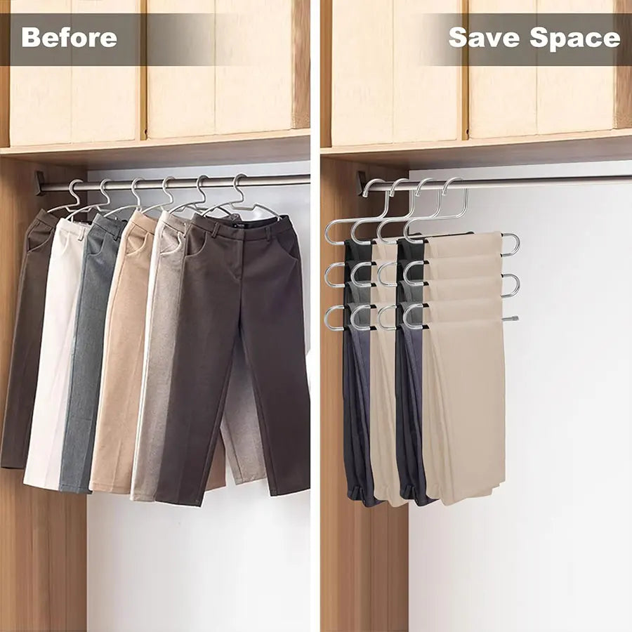 Before and after comparison showing a stainless steel S-shaped storage rack for pants and towels in a closet.