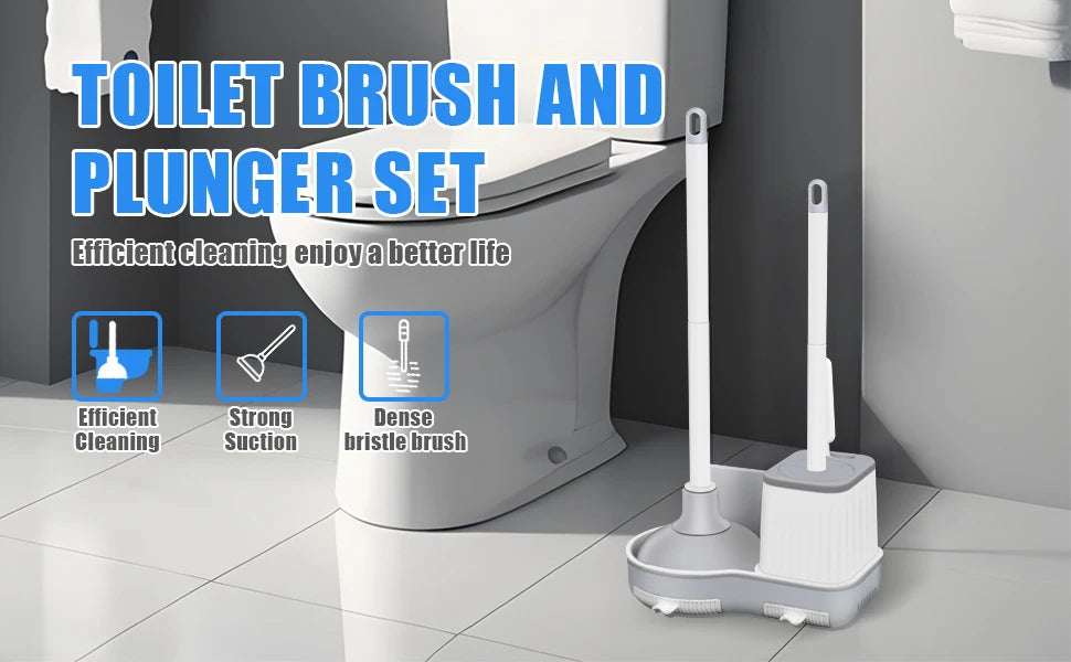Ein Set aus WC-Bürste und Abflusswerkzeug neben einer weißen Toilette.