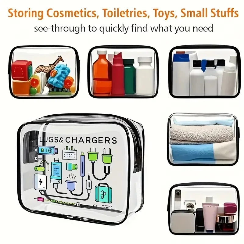 Clear zipper tote bag organizer for storing cosmetics, toiletries, toys, and small stuff.