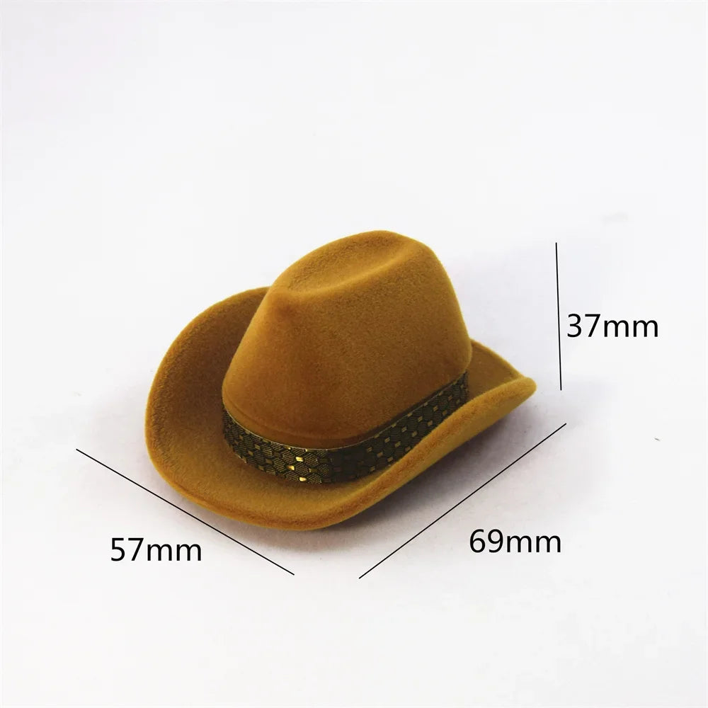 A tan velvet cowboy hat with a black beaded band shown from the side, with dimensions provided.