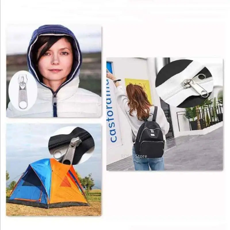 A woman wearing a hooded jacket is shown next to a black zipper repair kit with metal sliders and an open tent.