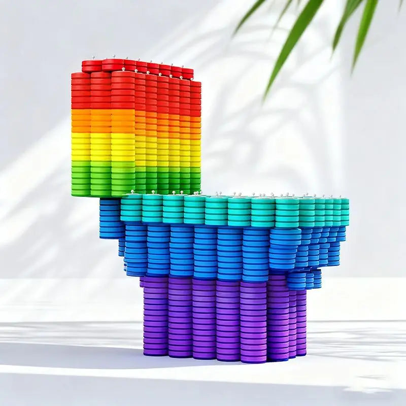 Empilement vertical de brosses de toilette jetables colorées, en dégradé arc-en-ciel.
