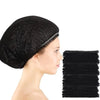 A black disposable bouffant hair net cover is shown on a person's head.