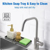 A kitchen soap tray organizer with a silicone draining tray and a modern faucet setup on a sink.