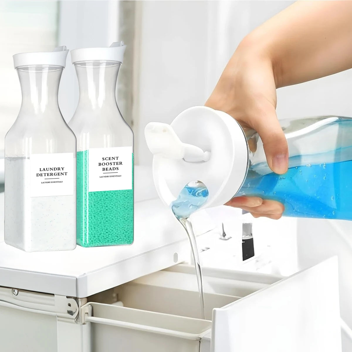 Three refillable laundry detergent bottles, including a main bottle and a scent booster bead bottle, are being filled with bl