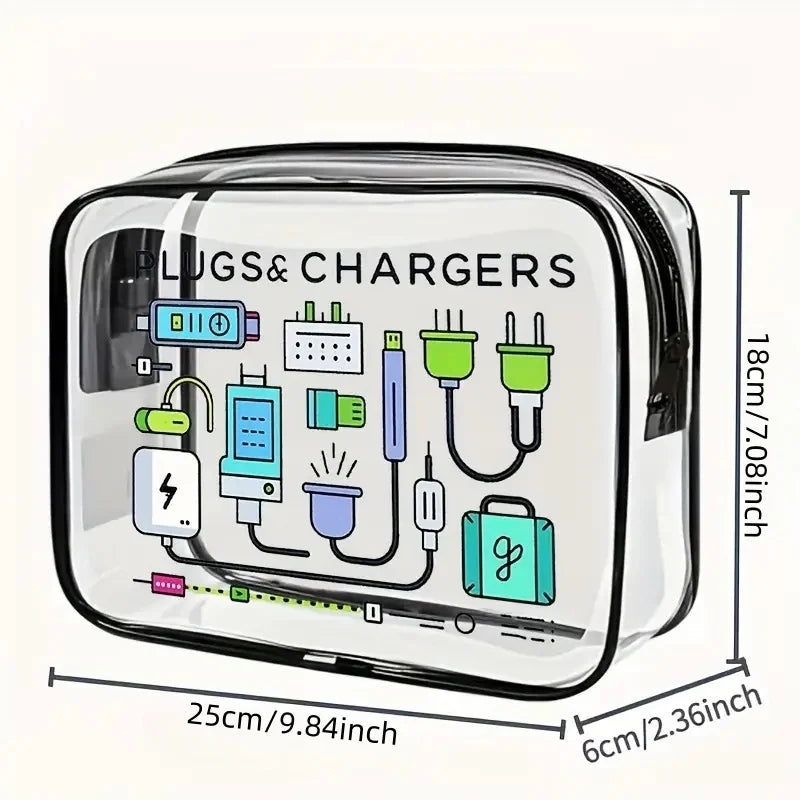 A clear zippered tote bag organizer showing various plugs and chargers inside.