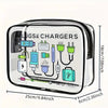 A clear zippered tote bag organizer showing various plugs and chargers inside.