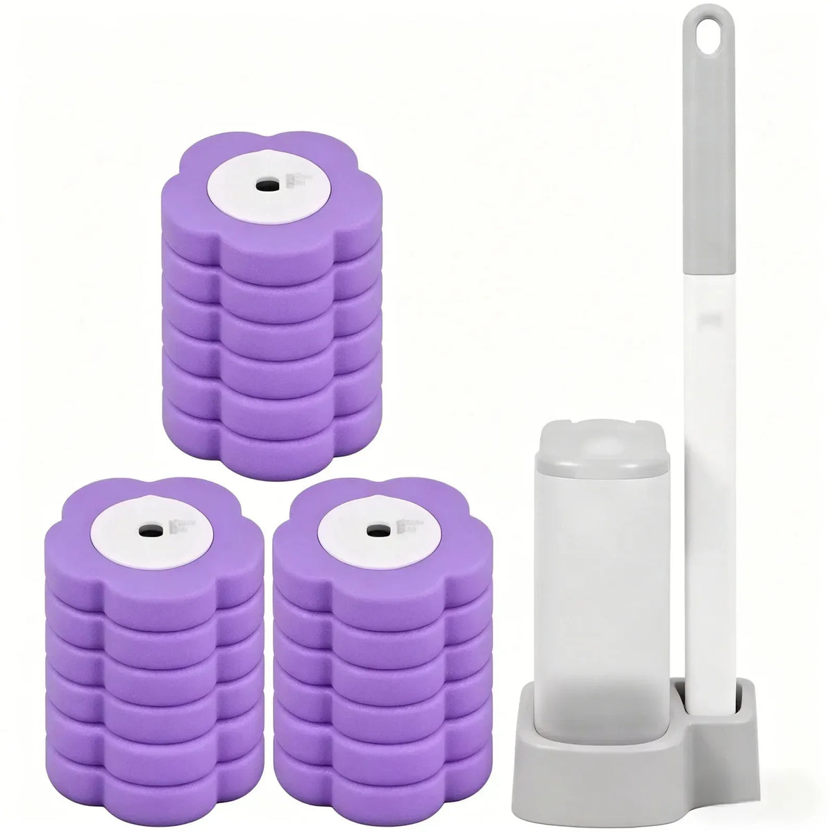 A purple disappearing toilet brush set with a long white handle and base.