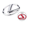 Silver steering wheel logo replacement paste with a stylized letter L design and a red version.