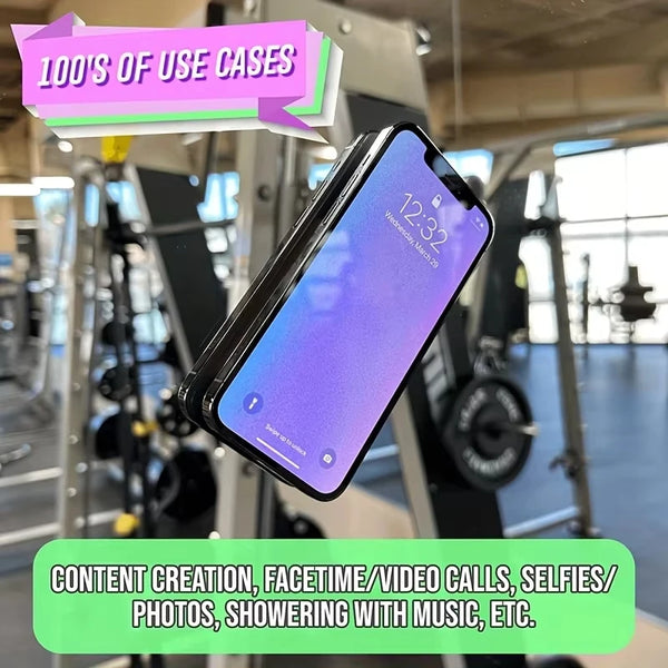 Soporte para teléfono de silicona morada con ventosa, utilizado en un gimnasio para visualización manos libres.