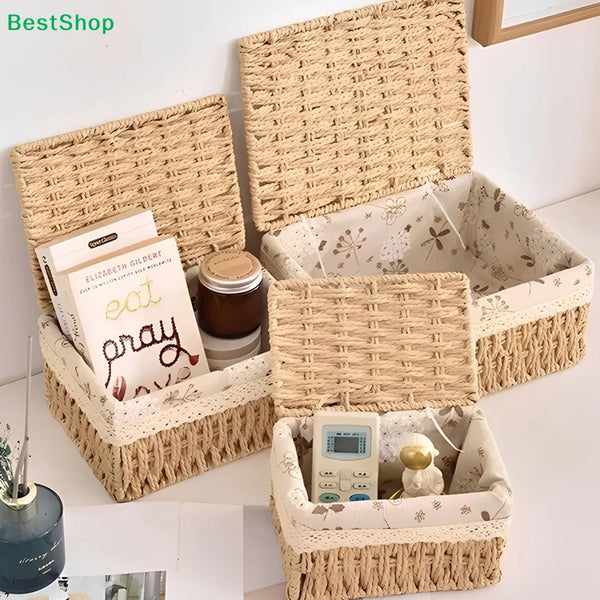 A natural woven rattan storage basket holding stationery, a jar, and a small figurine.