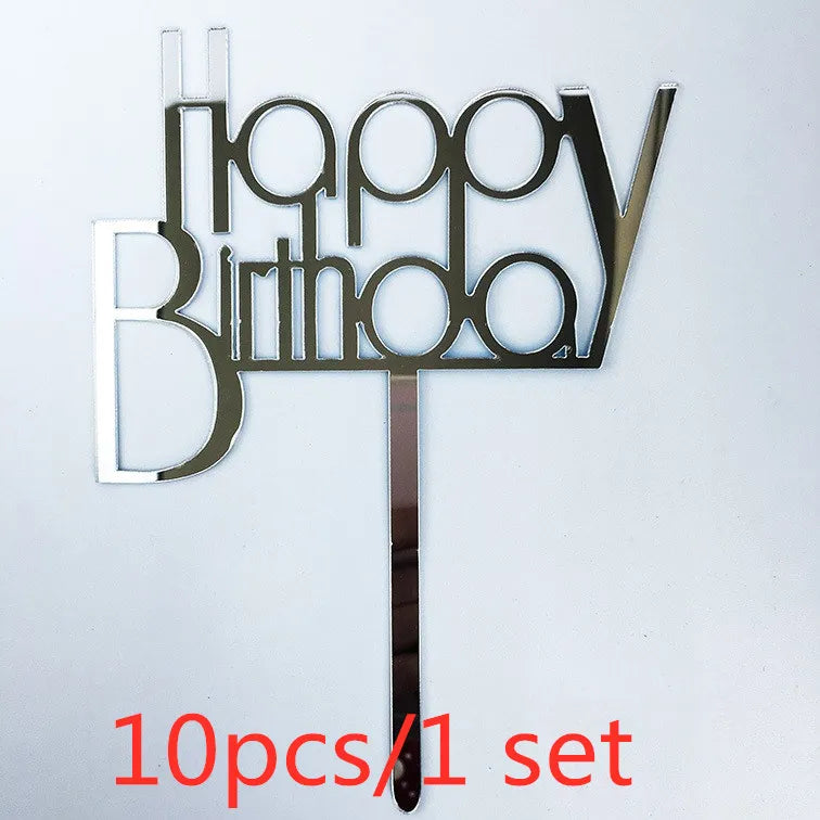 A set of ten acrylic birthday cake toppers shaped like the words Happy Birthday