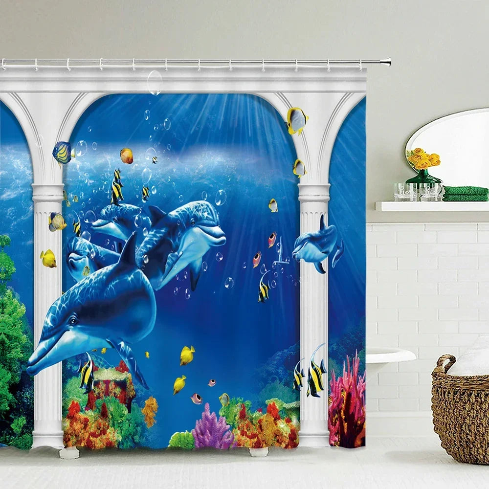 A vibrant blue and green dolphin sea turtle patterned shower curtain displayed on a white marble shower rod.