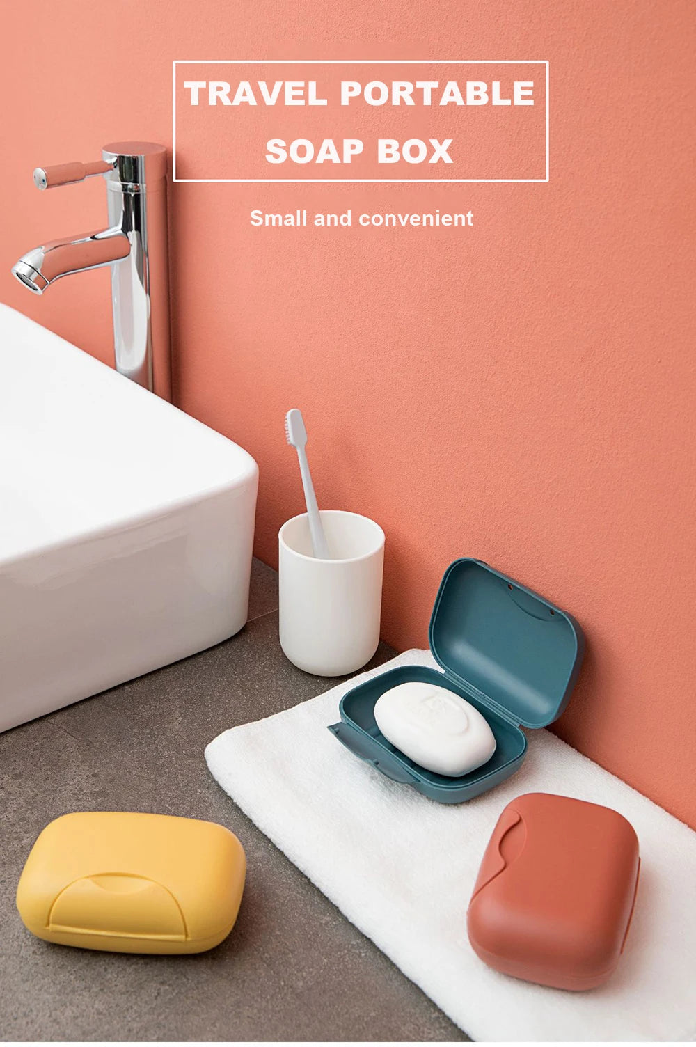 A portable travel soap box in yellow and terracotta colors is shown next to a white toilet and a towel.
