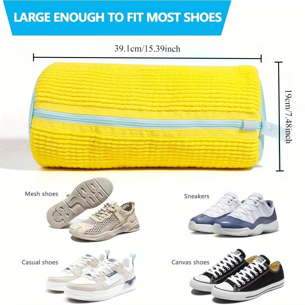 Yellow mesh shoe wash bag with a blue zipper and various types of shoes displayed below.