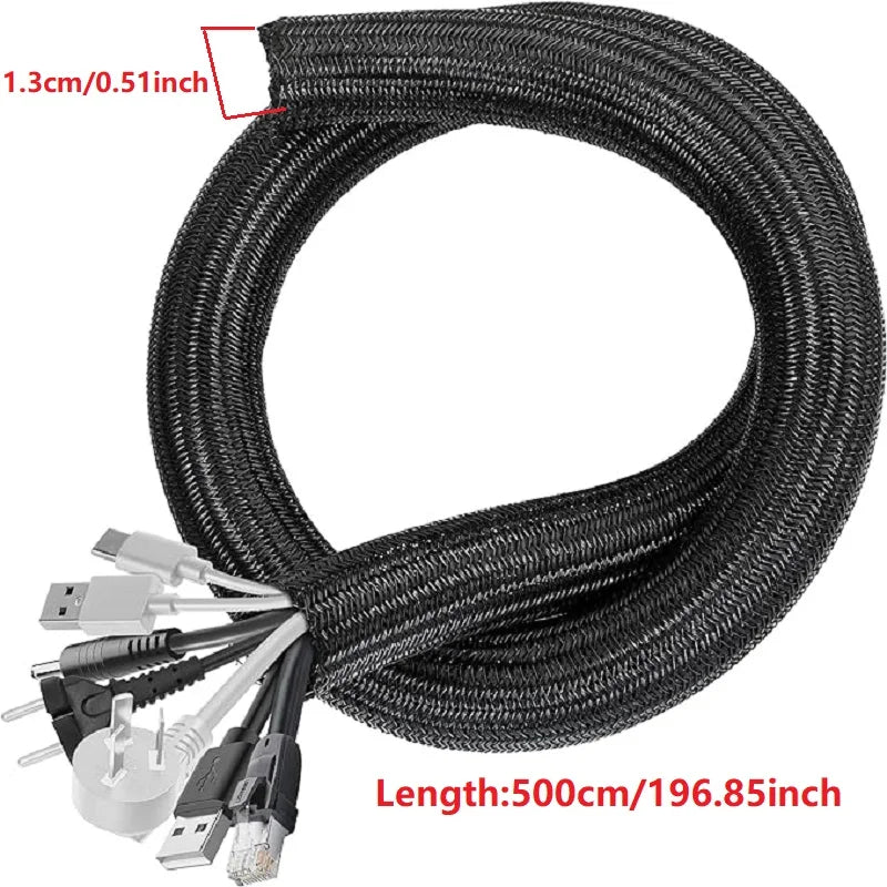 Black braided cable sleeves with connectors and a 1.3cm diameter, measuring 500cm long.