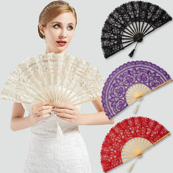 A woman holds three folding fans in white, purple, and red colors against a light background.