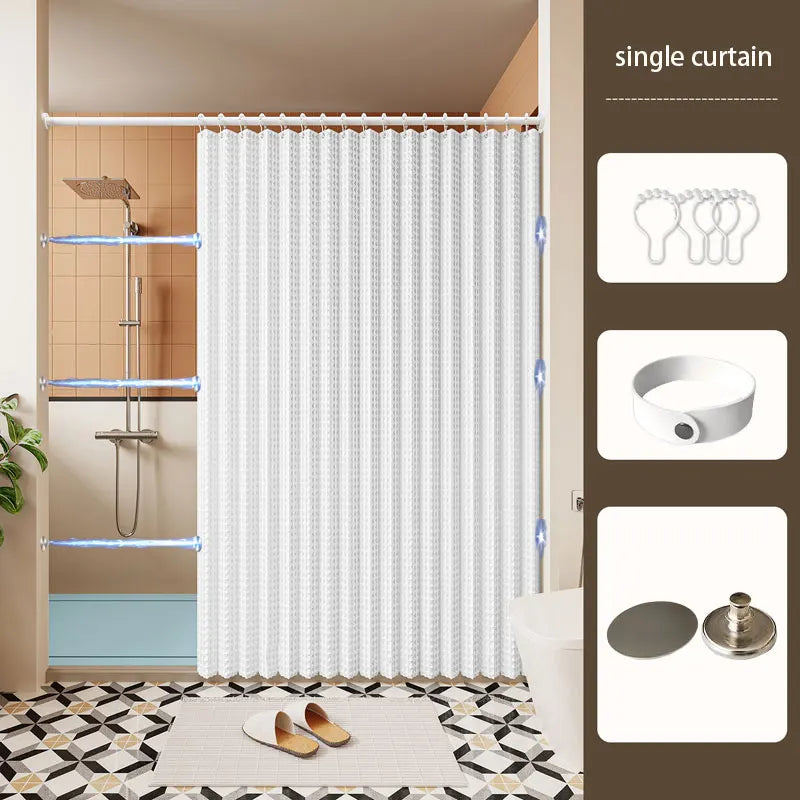 A white magnetic shower curtain with a waffle texture hanging in a bathroom setting.
