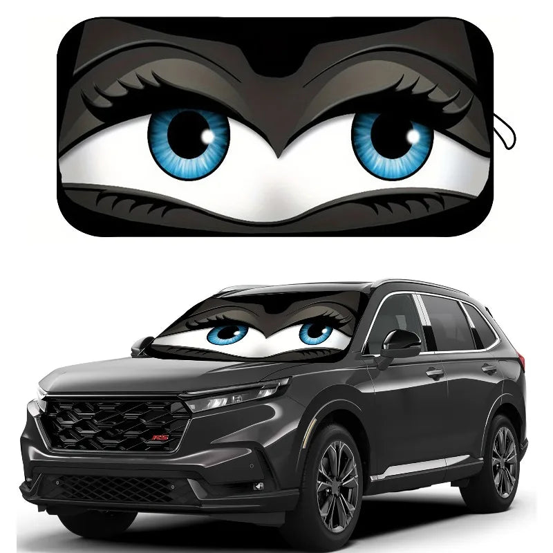 A black SUV with a cartoon cat face design on the windshield.