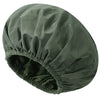 A dark olive green reusable satin-lined shower cap shown from above.