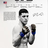 A black and white portrait of a male UFC fighter named Nick "The Stockton Bad Boy" Diaz wearing boxing gloves.