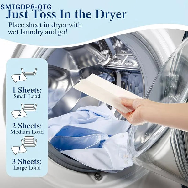 A hand places sheets in a washing machine drum, demonstrating how to toss dryer sheets in with wet laundry.