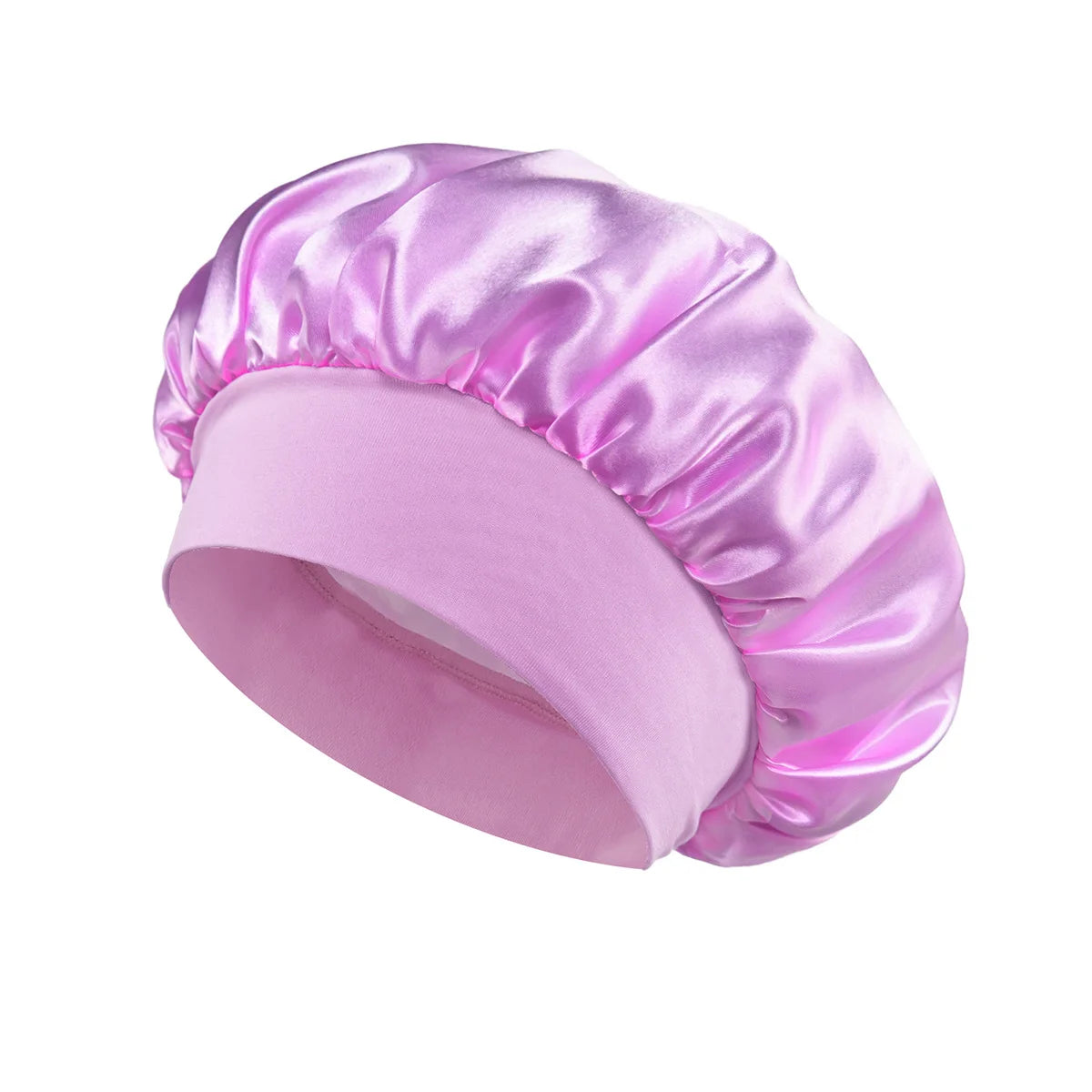 Un gorro para el cabello de satén lila claro, visto de lado.