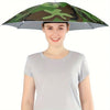A woman wearing a camouflage patterned umbrella hat for sun and rain protection.