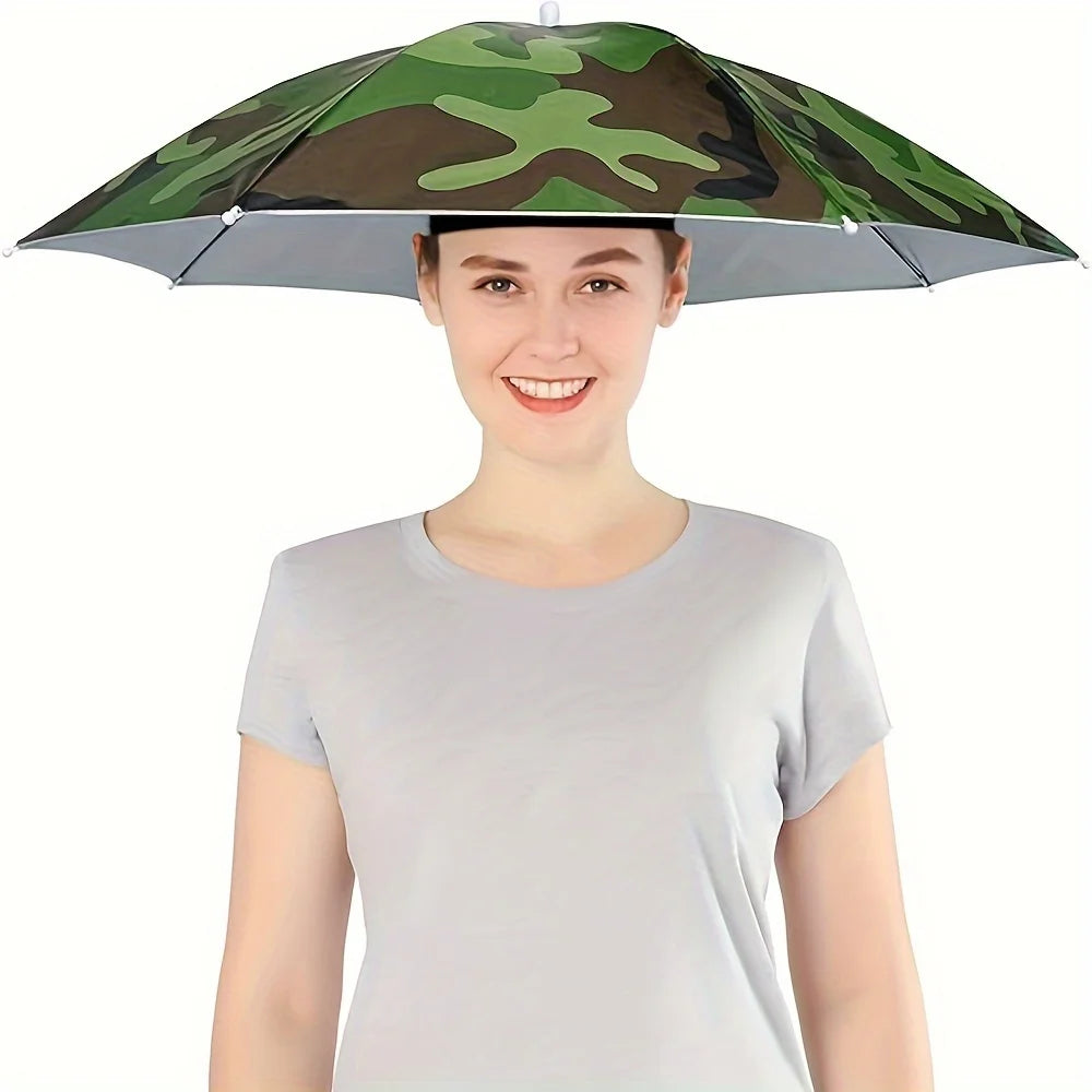 A woman wearing a camouflage patterned umbrella hat for sun and rain protection.