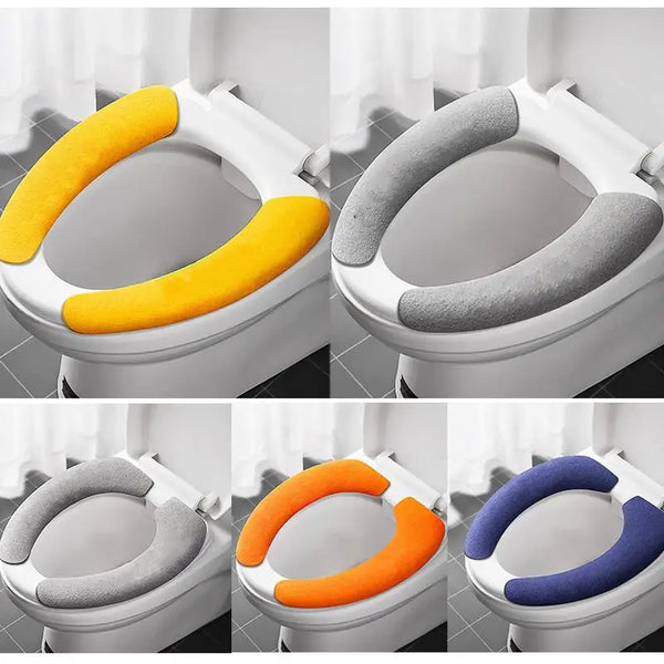 Two toilet seat cushions in yellow and gray covers shown from different angles.