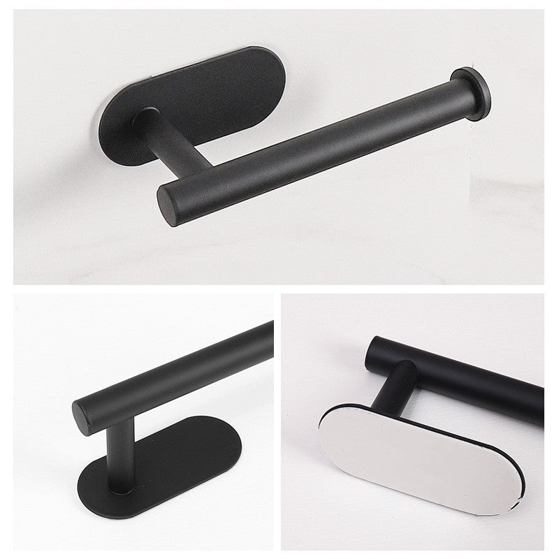 A black wall mounted toilet paper holder with a cylindrical bar and a rectangular plate.