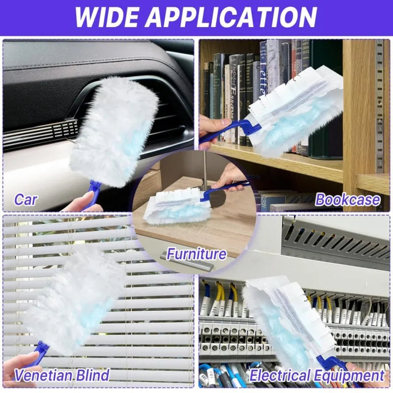 Various disposable electrostatic cleaning duster refills shown in use on a car, bookcase, furniture, Venetian blind, and elec