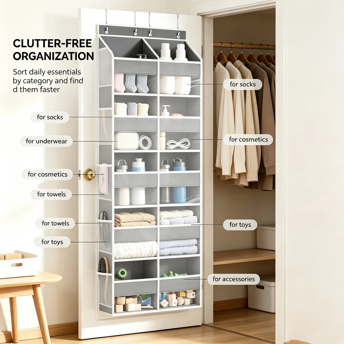 A white closet organizer with multiple compartments for sorting daily essentials like socks, underwear, cosmetics, towels, an